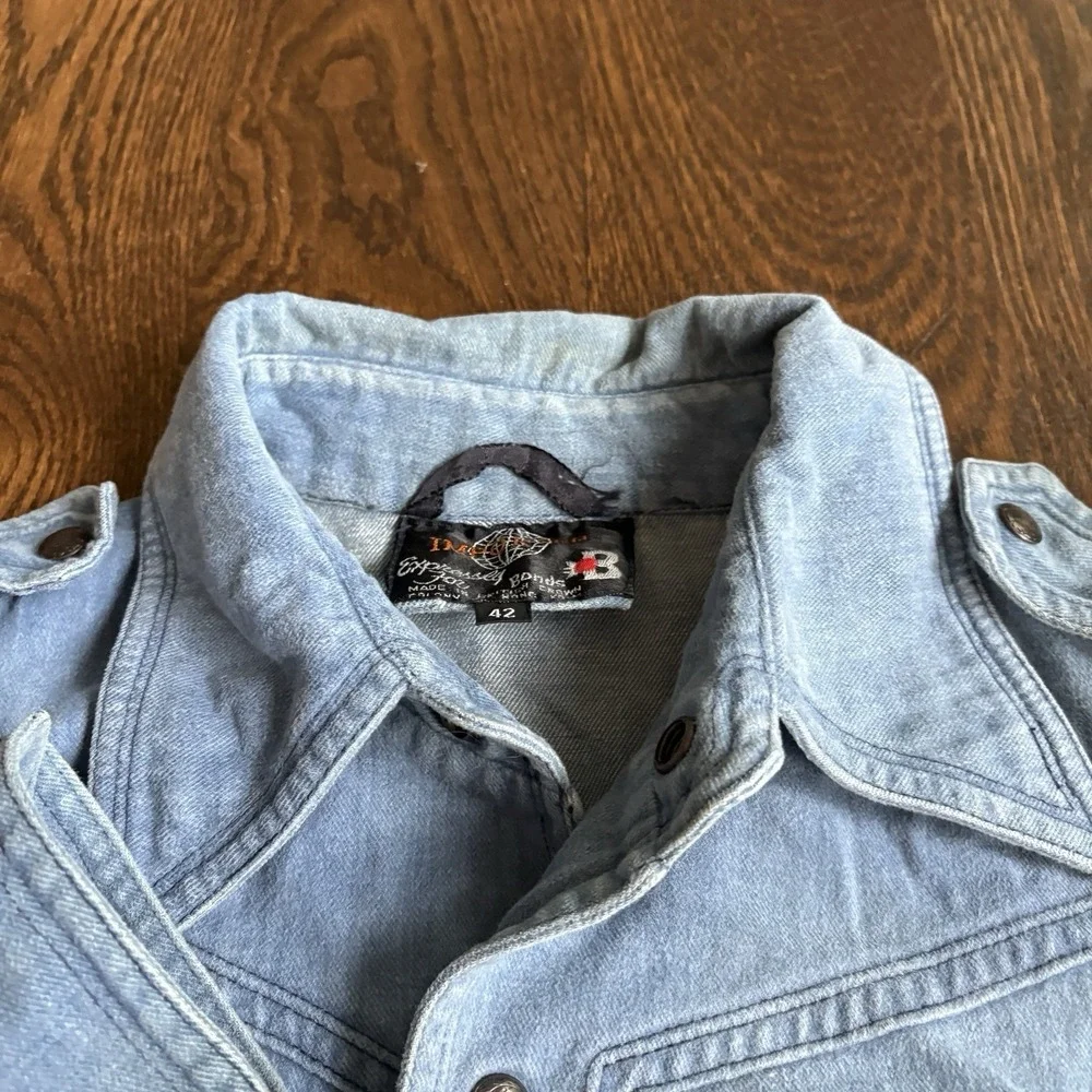 Vtg 70s Denim Safari Jacket Hong Kong Dagger Collar Epaulettes Workwear Coat 42